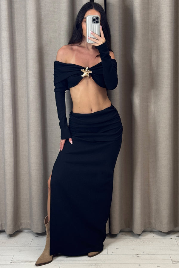 Aila Black Waffle Starfish Embellished Bardot Top and Skirt Co-Ord Set